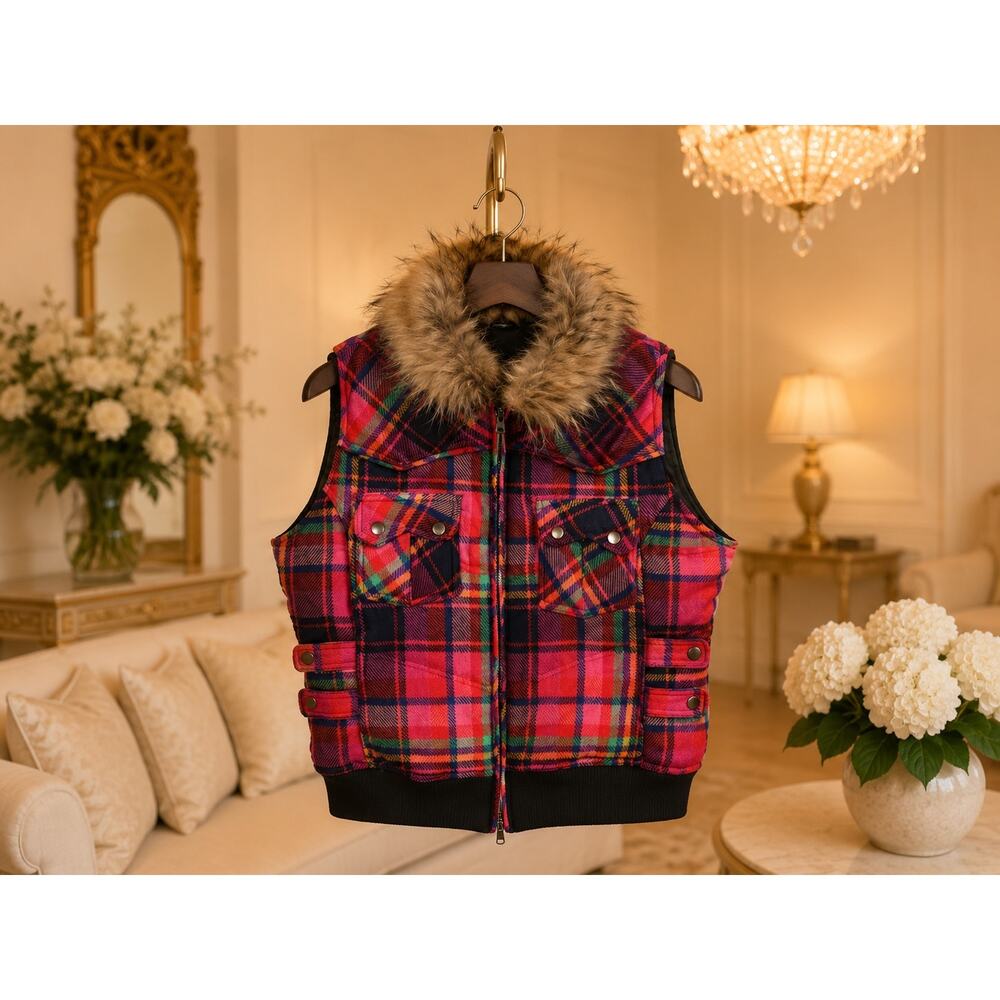 Alberto Makali Pink Plaid Wool Down Vest Fur Stand Collar Women’s Large Clueless
